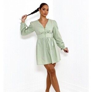 Missguided Sage Green Poplin Button Front Tie Cuff Mini Dress size 2